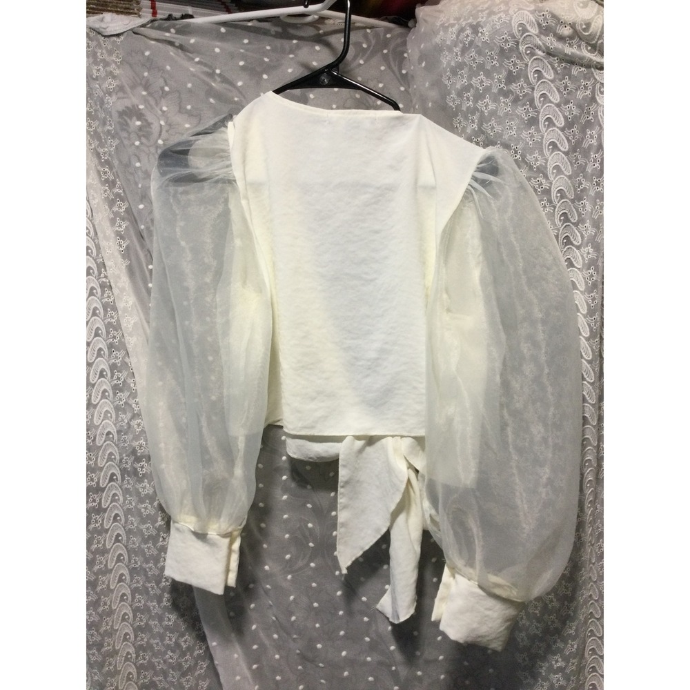 Forever 21 Ivory Tie Front Top Sheer Puff Sleeves Blouse Party Crop size M - Picture 5 of 8